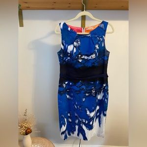 Tahari Blue & Black Sheath Dress w/ Tie Waist & Colored Zipper, Size 12